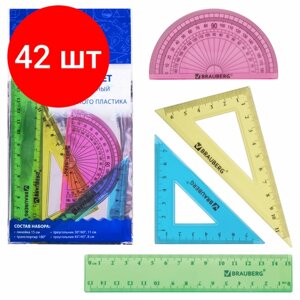 Комплект 42 шт, Набор чертежный малый BRAUBERG "Crystal"линейка 15 см, 2 угольника, транспортир), цветной, 210295