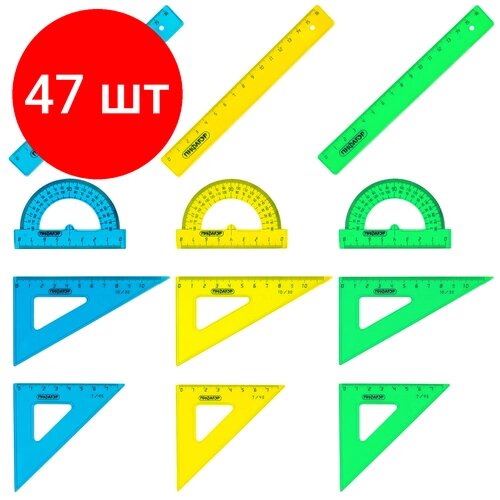 Комплект 47 шт, Набор чертежный малый пифагор (линейка 16 см, 2 треугольника, транспортир), неоновый, европодвес, 210625 от компании М.Видео - фото 1