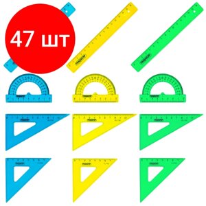 Комплект 47 шт, Набор чертежный малый пифагор (линейка 16 см, 2 треугольника, транспортир), неоновый, европодвес, 210625