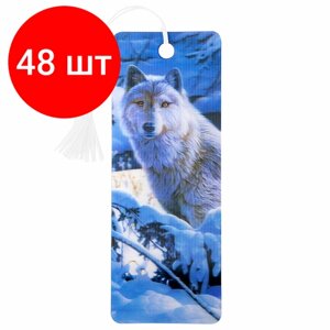 Комплект 48 шт, Закладка для книг 3D, BRAUBERG, объемная, "Белый волк", с декоративным шнурком-завязкой, 125752