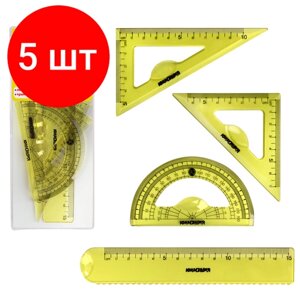 Комплект 5 шт, Набор чертежный малый юнландия "START 3D"линейка 15 см, 2 треугольника, транспортир), прозрачный, желтый, 210741