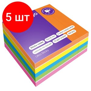 Комплект 5 шт, Самоклеящийся блок Berlingo "Ultra Sticky", 75*75мм, 450л, 5 неоновых цветов + 1 белый