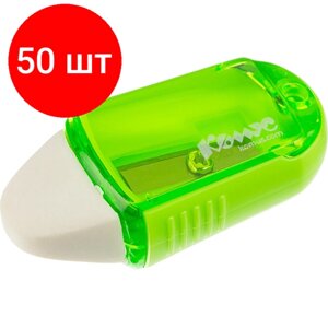 Комплект 50 штук, Ластик-точилка Комус, вращающийся корпус, термопласт. каучук, зеленый