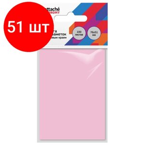 Комплект 51 штук, Бумага для заметок с клеевым краем Economy 76x51 мм, 100 л, пастел розовый