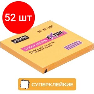 Комплект 52 штук, Стикеры Attache Selection Extra с клеев. краем 76х76, неон, оранж. 100л