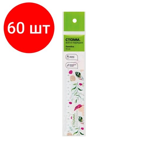 Комплект 60 шт, Линейка 15см СТАММ "Листья", пластиковая, с волнистым краем, европодвес от компании М.Видео - фото 1