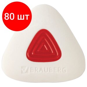 Комплект 80 шт, Ластик BRAUBERG "Trios PRO", 36х36х9 мм, белый, треугольный, красный пластиковый держатель, 229559