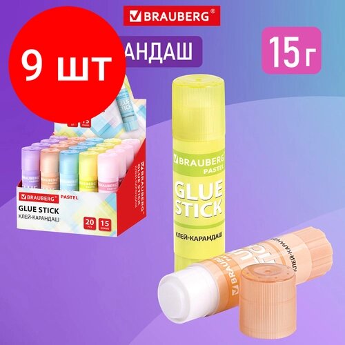 Комплект 9 шт, Клей-карандаш в пастельном корпусе BRAUBERG PASTEL, 15 г, PVP основа, ассорти, 271249 от компании М.Видео - фото 1