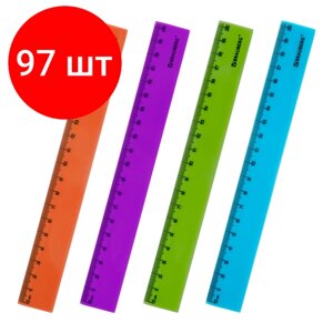 Комплект 97 шт, Линейка пластиковая 20 см BRAUBERG "NEON", непрозрачная, ассорти, 210773