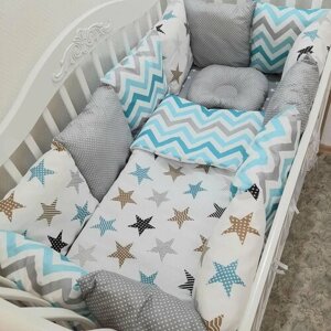 Комплект бортиков в кроватку из 15 предметов Mamdis для новорожденных и малышей серо-голубой