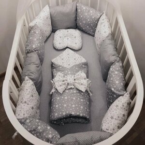 Комплект бортиков в кроватку из 16 предметов Mamdis для новорожденных и малышей серый