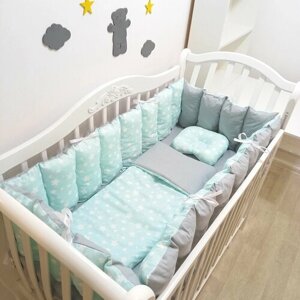 Комплект бортиков в кроватку из 7 предметов для новорожденных и малышей Mamdis бирюзовый