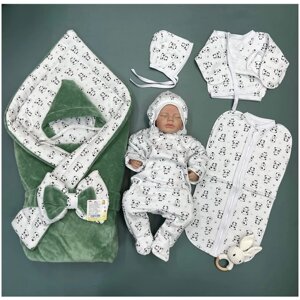 Комплект на выписку в роддом 7 предметов / конверт для новорожденного зеленый