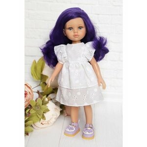 Комплект одежды и обуви для кукол Paola Reina 32-34 см (Платье волан+туфли), белый (вышивка цветок), сиреневый