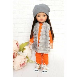 Комплект одежды и обуви для кукол Paola Reina 32-34 см (спорт. костюм+жилет+шапка+кеды), оранжевый, серый, цветочный принт