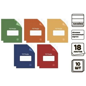 Комплект тетрадей из 10 штук, 18 листов в линейку "Однотонная Классика с уголком. Эконом", обложка мелованный картон, ВД-лак, блок №2 (серые листы)