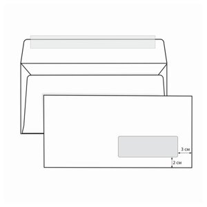 Конверты Е65 (110х220 мм) правое окно, отрывная лента, 80 г/м2, комплект 1000 шт.