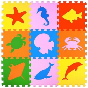 Коврик-пазл Eco-cover Морские животные 33МП1/МЖ, зеленый / оранжевый / красный, 33х33 см, 9 элементов