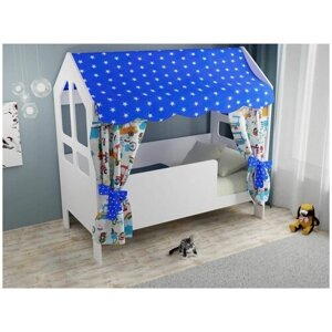 Кроватка детская домик "Сладкий сон" с текстилем (Вход справа, синий, с машинками)