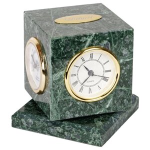 Куб вращающийся Delucci с часами, термометром, гигрометром, зеленый мрамор, 214031
