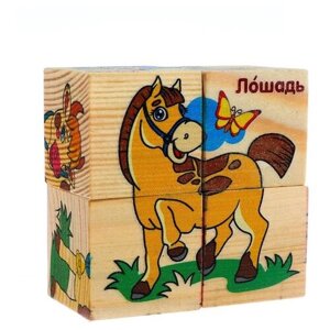 Кубики деревянные Лесная мастерская "Животные фермы" набор 4 шт., для детей и малышей