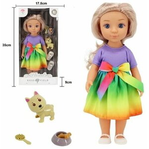 Кукла (32см) в радужном платье с домашним животным в коробке собачка, миска, кость, расческа