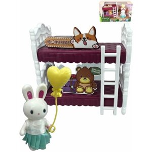 Кукла - фигурка зайчик с набором мебели и аксессуарами Спальня, кроватка с лестницей, мебель в кукольный домик