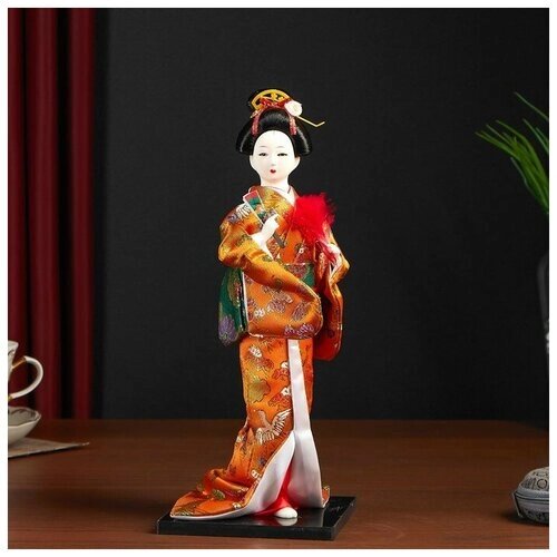 Кукла коллекционная Гейша в оранжевом кимоно с веером 22,5 см от компании М.Видео - фото 1