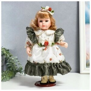 Кукла коллекционная керамика Беатрис в атласном платье с розочками 30 см
