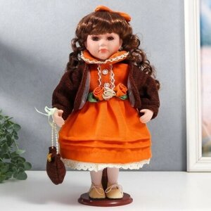 Кукла коллекционная керамика в ярко-оранжевом платье, с рюшами, с сумочкой 30 см 758616
