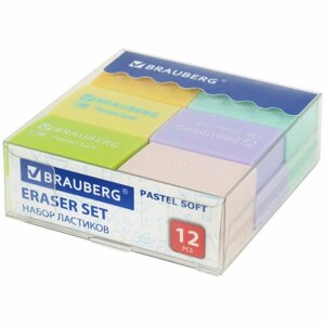 Ластики BRAUBERG "Pastel Soft" набор 12 шт, размер ластика 31х20х10 мм, экологичный ПВХ, 229598