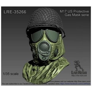 LRE35266 Противогаз M17 US с капюшоном комплекта ядерной, биологической и химической защиты и шлемом M1 — период Холодной войны. Два варианта положения головы.