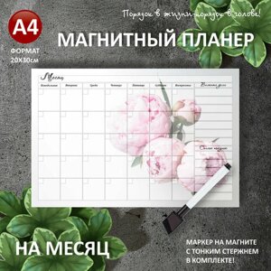 Магнитный планер на месяц А4 (20х30см) на холодильник с маркером и поверхностью пиши-стирай (планинг, магнитная доска для рисования, календарь, ежедневник, подарочный набор для женщин и мужчин, подарок маме, жене,