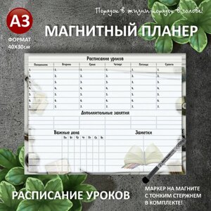 Магнитный планер расписание уроков А3 (30х40см) на холодильник с маркером и поверхностью пиши-стирай (планинг, магнитная доска для рисования, календарь, ежедневник, подарок ребенку) мойдизайн