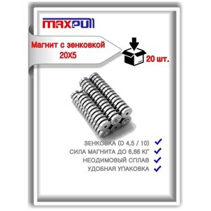 Магниты MaxPull диски 20х5 с зенкованным отверстием 4,5/10 под болт набор 20 шт. в тубе.