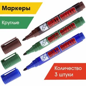 Маркеры перманентные Crown "Multi Marker" пулевидные, 3мм, зеленый, синий, коричневый (набор из 3-х штук)