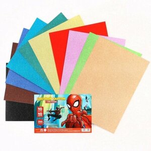 MARVEL Картон цветной, с блёстками, 10 листов, 10 цветов, 250 грамм, А4, Человек-паук