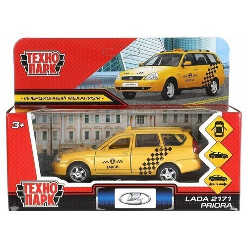 Машина металлическая LADA 2171 PRIORA такси 12 см, двери, багажник, инерционная, желтый. Технопарк от компании М.Видео - фото 1