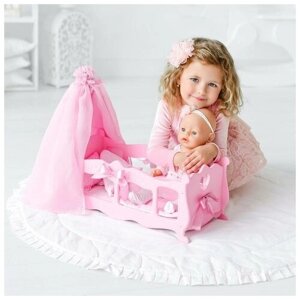 Мега тойс Кроватка для кукол с постельным бельем и балдахином, коллекция "Diamond princess" розовый