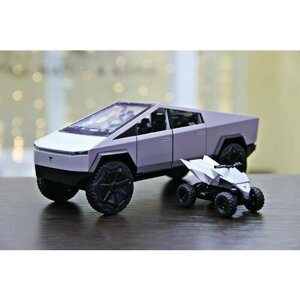 Металлическая коллекционная модель Tesla Cybertruck Pickup с квадроциклом свет звук 23 см. 1:24 Цвет: Серебро, черный / Тесла мобиль