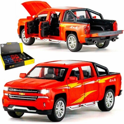 Металлическая машинка игрушка 1:32 Chevrolet Silverado (Шевроле Сильверадо) 18.4 см. инерционная, свет, звук / Красный от компании М.Видео - фото 1