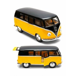 Металлическая машинка Kinsmart 1:32 «1962 Volkswagen Classical Bus с черной крышей» инерционная, жёлтая KT5376D-2