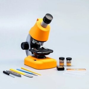Микроскоп "Юный биолог" кратность до х1200, желтый, подсветка .