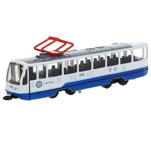Модель Технопарк Трамвай бело-синий, инерционный, свет, звук ТRАМ71403-18SL-ВUWН