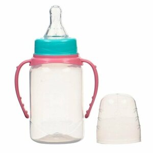 Mum&Baby Бутылочка для кормления 150 мл цилиндр, с ручками, цвет бирюзовый/розовый