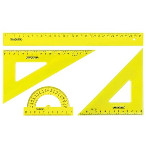 Набор чертежный большой пифагор (линейка 30 см, 2 треугольника, транспортир), прозрачный, неоновый, пакет, 210629 от компании М.Видео - фото 1