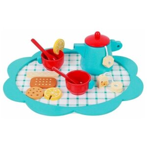 Набор деревянной детской игрушечной посуды для чаепития с подносом, приборами и сладостями