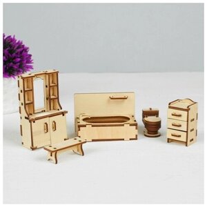 Набор деревянной мебели для кукол «Ванная»скамейка, ванна, унитаз, умывальник, шкаф)