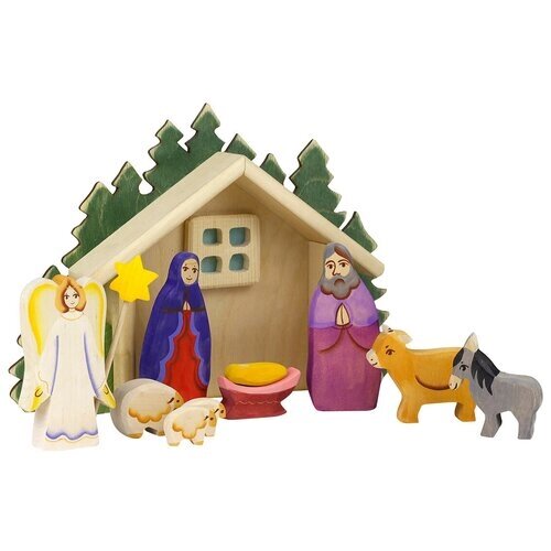 Набор деревянных игрушек из 10 фигур "Рождество хлев" ручная работа от компании М.Видео - фото 1