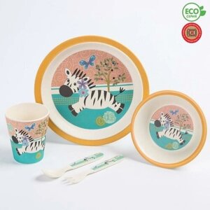 Набор детской бамбуковой посуды Зебра, тарелка, миска, стакан, приборы, 5 предметов